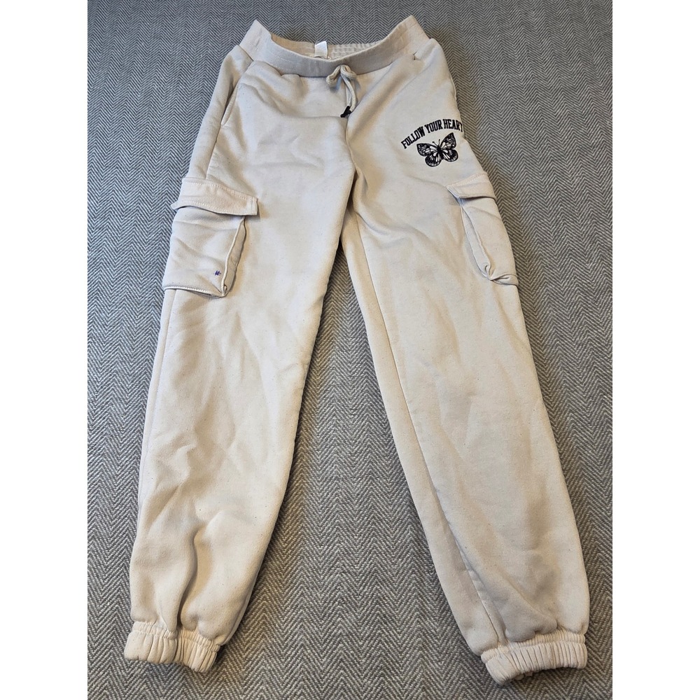 Free Haven Cargo Joggers Pants Womens 12 Gray Butterfly Embroidered Fleece Lined
